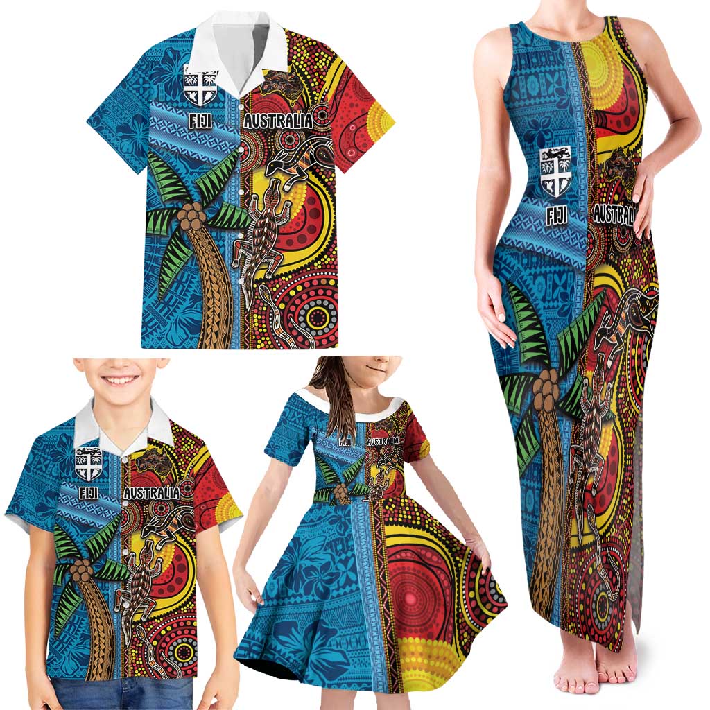 Personalised Australia and Fiji Together Family Matching Tank Maxi Dress and Hawaiian Shirt Tribal Palm Tree with Tapa and Aboriginal Animals Half Style LT03 - Polynesian Pride