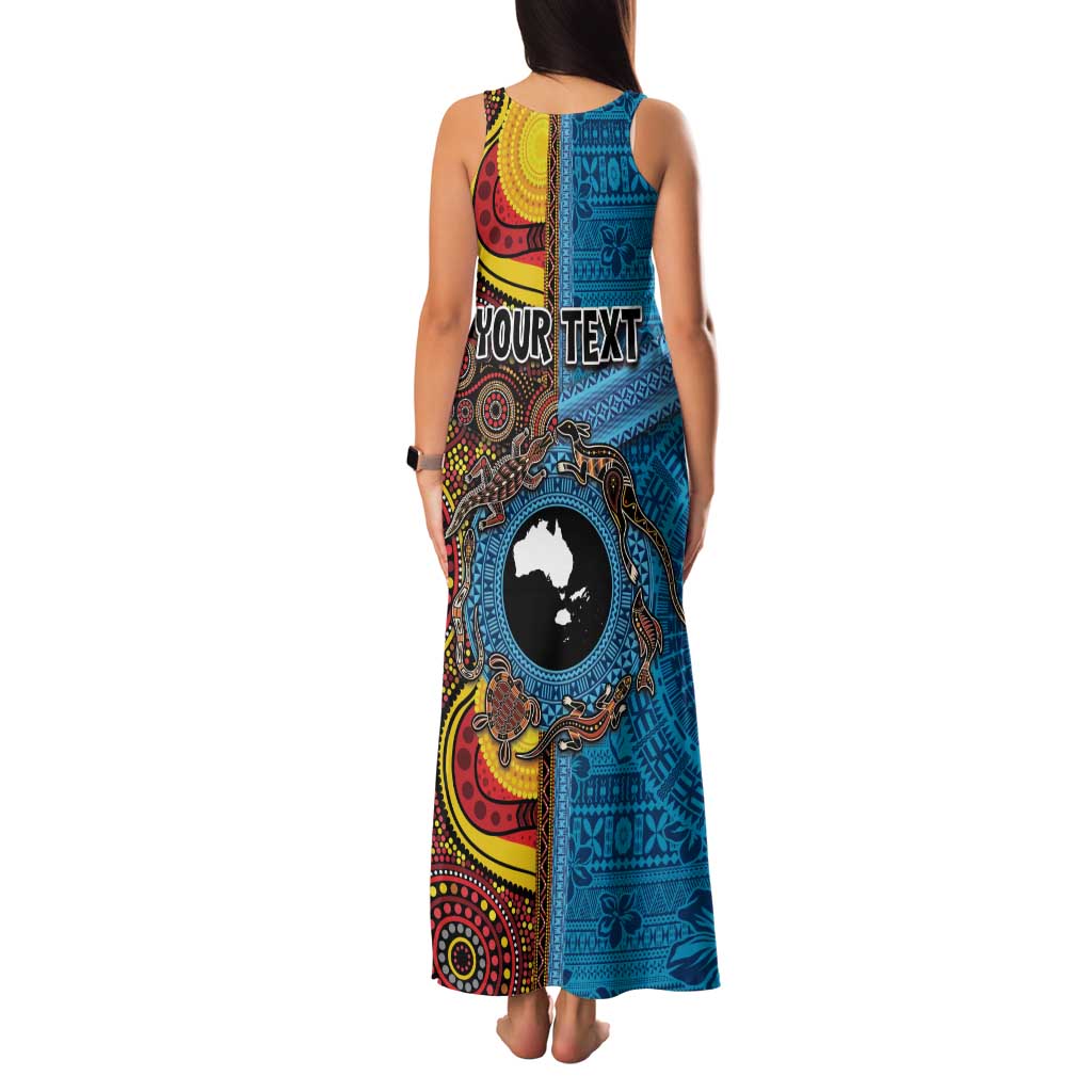 Personalised Australia and Fiji Together Family Matching Tank Maxi Dress and Hawaiian Shirt Tribal Palm Tree with Tapa and Aboriginal Animals Half Style LT03 - Polynesian Pride