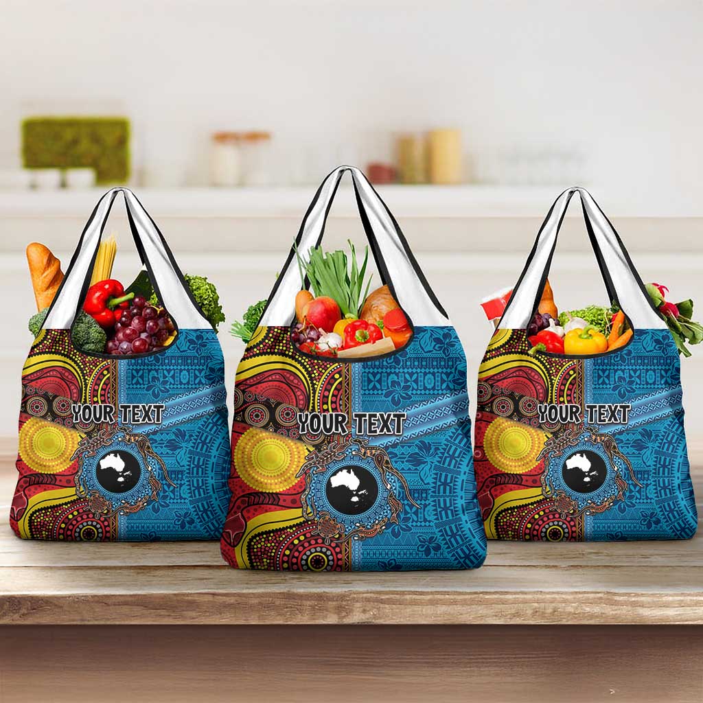 Personalised Australia and Fiji Together Grocery Bag Tribal Palm Tree with Tapa and Aboriginal Animals Half Style