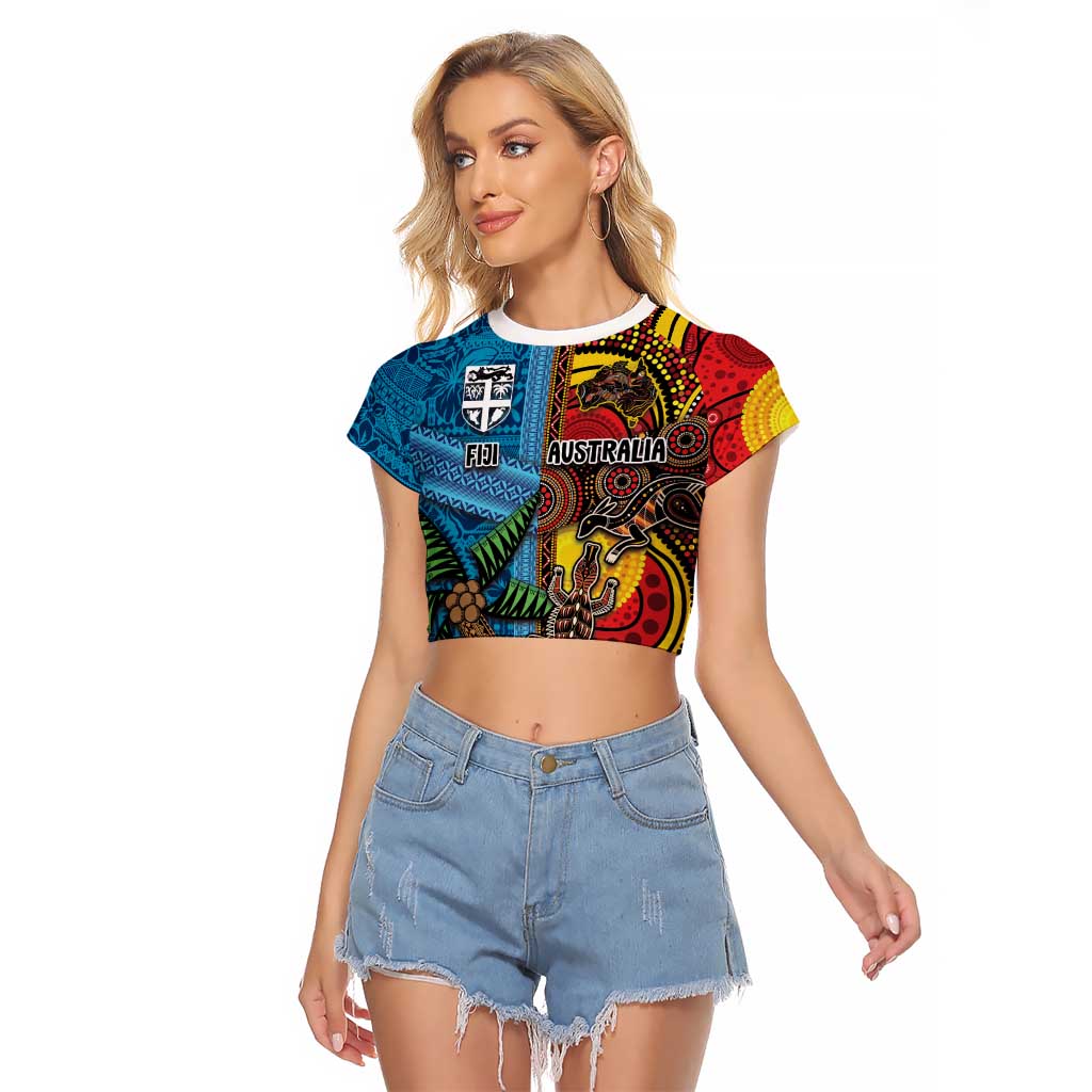 Personalised Australia and Fiji Together Raglan Cropped T Shirt Tribal Palm Tree with Tapa and Aboriginal Animals Half Style