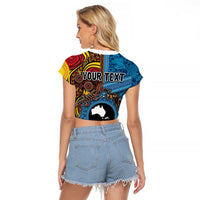 Personalised Australia and Fiji Together Raglan Cropped T Shirt Tribal Palm Tree with Tapa and Aboriginal Animals Half Style