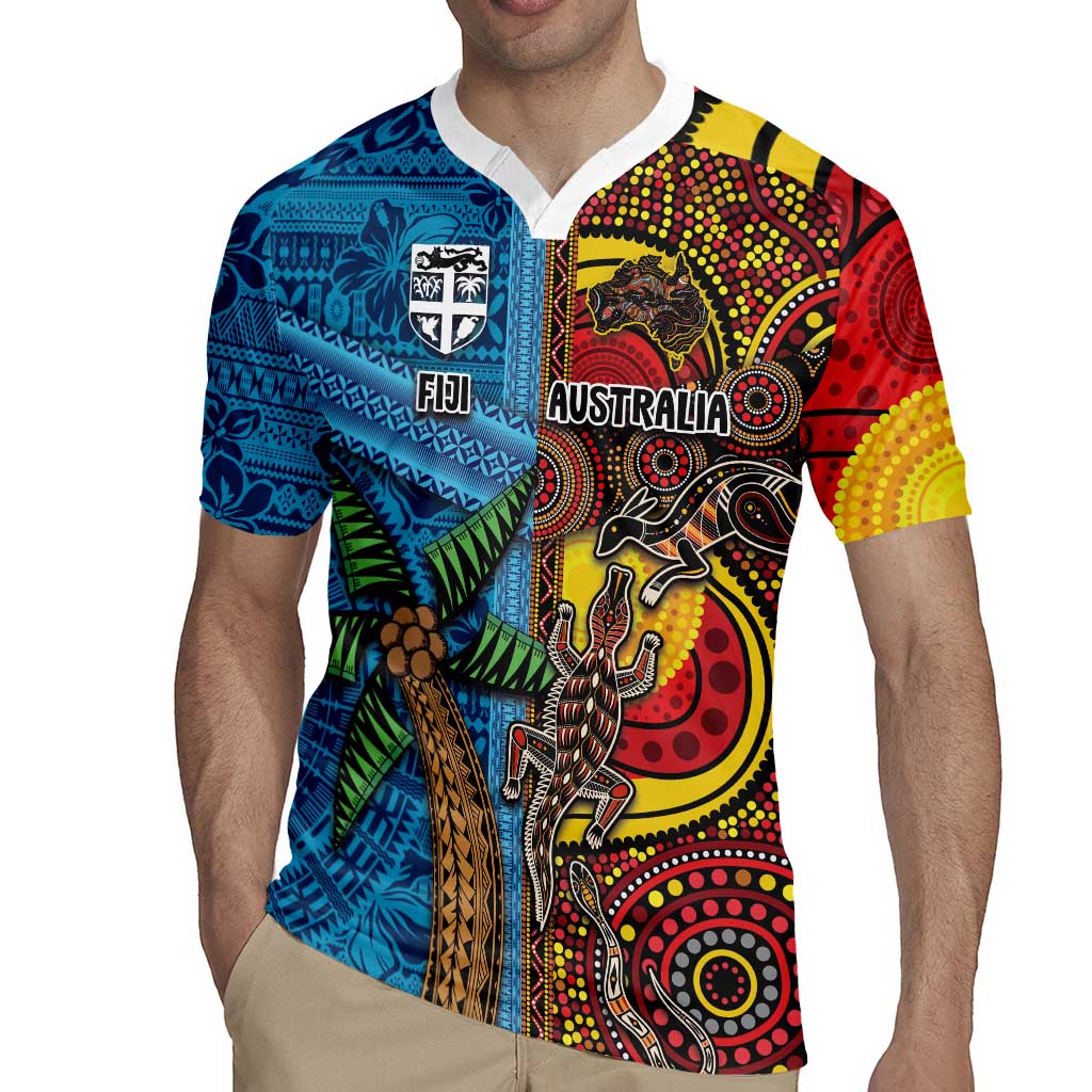 Personalised Australia and Fiji Together Rugby Jersey Tribal Palm Tree with Tapa and Aboriginal Animals Half Style