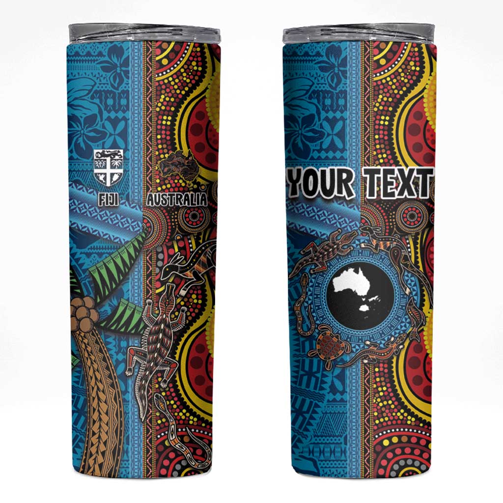 Personalised Australia and Fiji Together Skinny Tumbler Tribal Palm Tree with Tapa and Aboriginal Animals Half Style