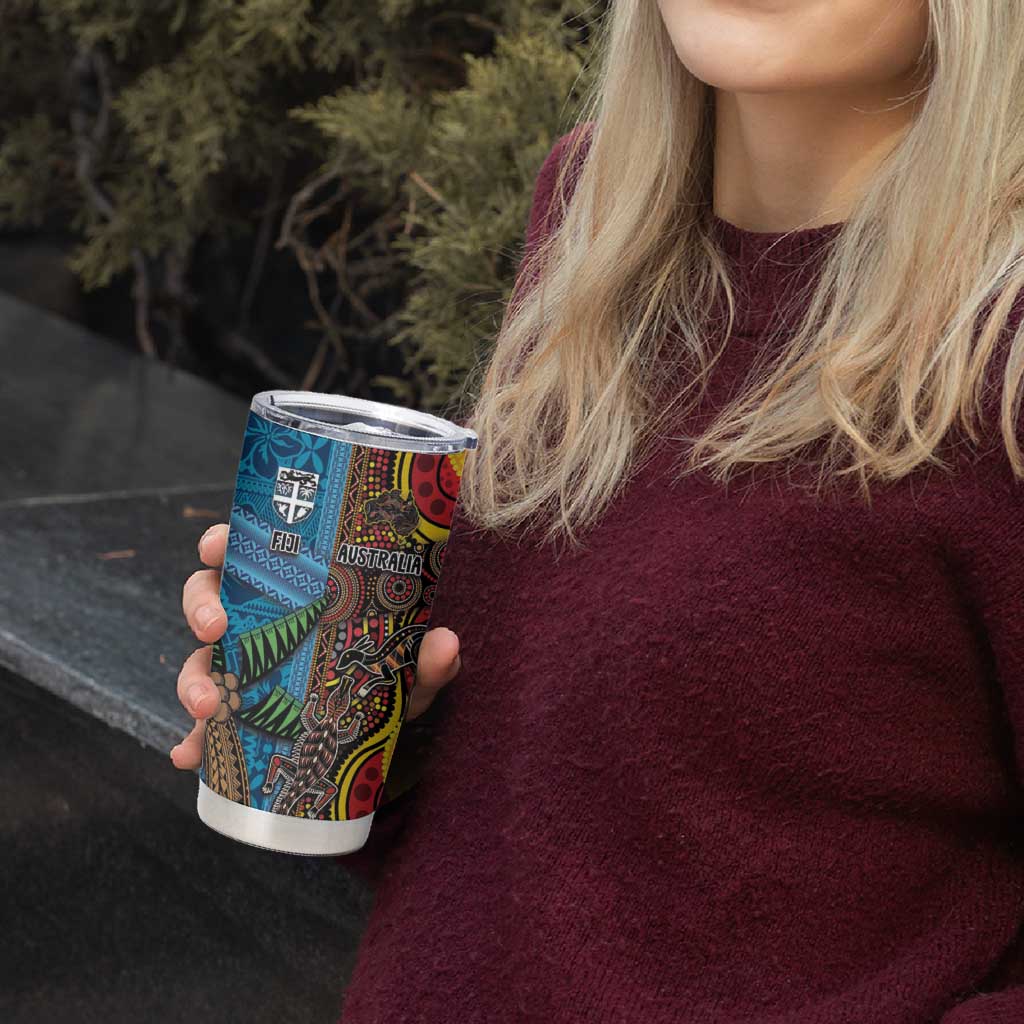 Personalised Australia and Fiji Together Tumbler Cup Tribal Palm Tree with Tapa and Aboriginal Animals Half Style