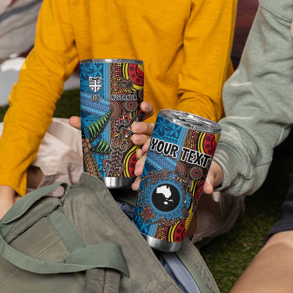Personalised Australia and Fiji Together Tumbler Cup Tribal Palm Tree with Tapa and Aboriginal Animals Half Style