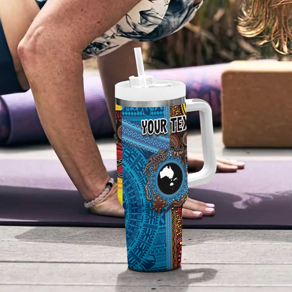Personalised Australia and Fiji Together Tumbler With Handle Tribal Palm Tree with Tapa and Aboriginal Animals Half Style