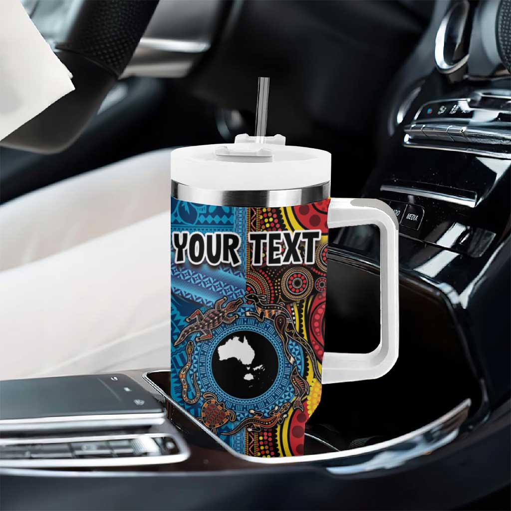 Personalised Australia and Fiji Together Tumbler With Handle Tribal Palm Tree with Tapa and Aboriginal Animals Half Style
