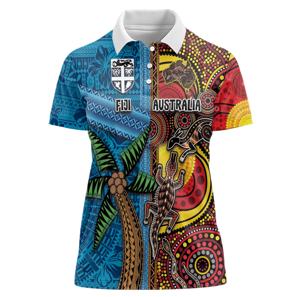 Personalised Australia and Fiji Together Women Polo Shirt Tribal Palm Tree with Tapa and Aboriginal Animals Half Style LT03 Female Blue - Polynesian Pride