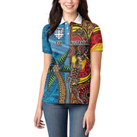 Personalised Australia and Fiji Together Women Polo Shirt Tribal Palm Tree with Tapa and Aboriginal Animals Half Style LT03 - Polynesian Pride