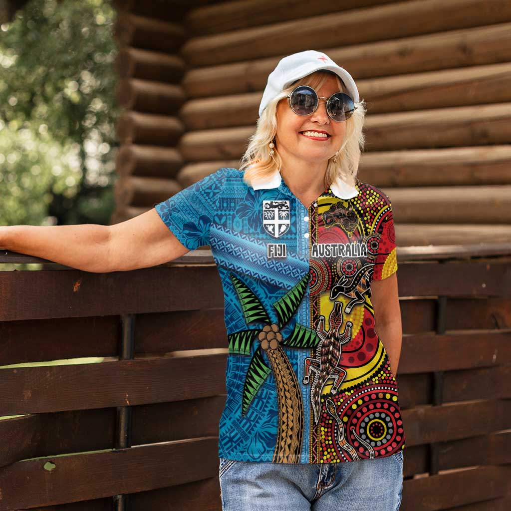 Personalised Australia and Fiji Together Women Polo Shirt Tribal Palm Tree with Tapa and Aboriginal Animals Half Style LT03 - Polynesian Pride