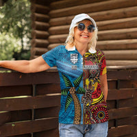 Personalised Australia and Fiji Together Women Polo Shirt Tribal Palm Tree with Tapa and Aboriginal Animals Half Style LT03 - Polynesian Pride