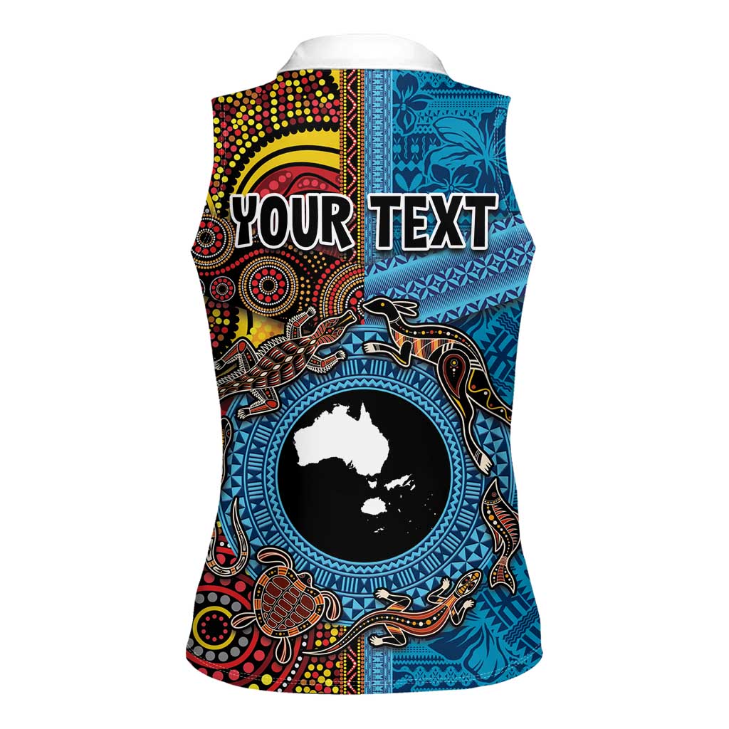 Personalised Australia and Fiji Together Women Sleeveless Polo Shirt Tribal Palm Tree with Tapa and Aboriginal Animals Half Style LT03 - Polynesian Pride