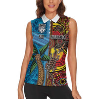 Personalised Australia and Fiji Together Women Sleeveless Polo Shirt Tribal Palm Tree with Tapa and Aboriginal Animals Half Style LT03 - Polynesian Pride