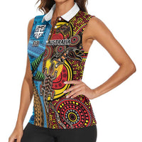Personalised Australia and Fiji Together Women Sleeveless Polo Shirt Tribal Palm Tree with Tapa and Aboriginal Animals Half Style LT03 - Polynesian Pride