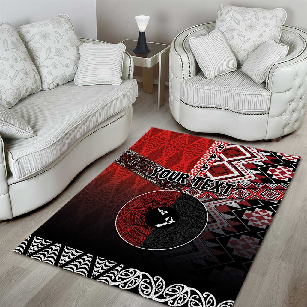 Personalised Aotearoa and Tonga Together Area Rug Manaia and Tongan Tribal Cross - Taniko and Ngatu Art Tattoo