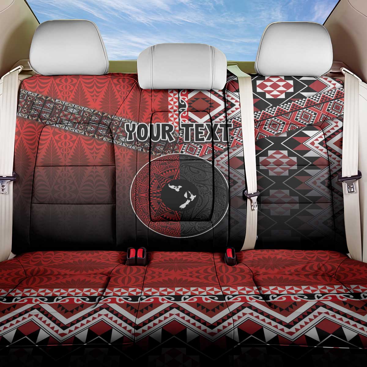 Personalised Aotearoa and Tonga Together Back Car Seat Cover Manaia and Tongan Tribal Cross - Taniko and Ngatu Art Tattoo LT03 One Size Red - Polynesian Pride