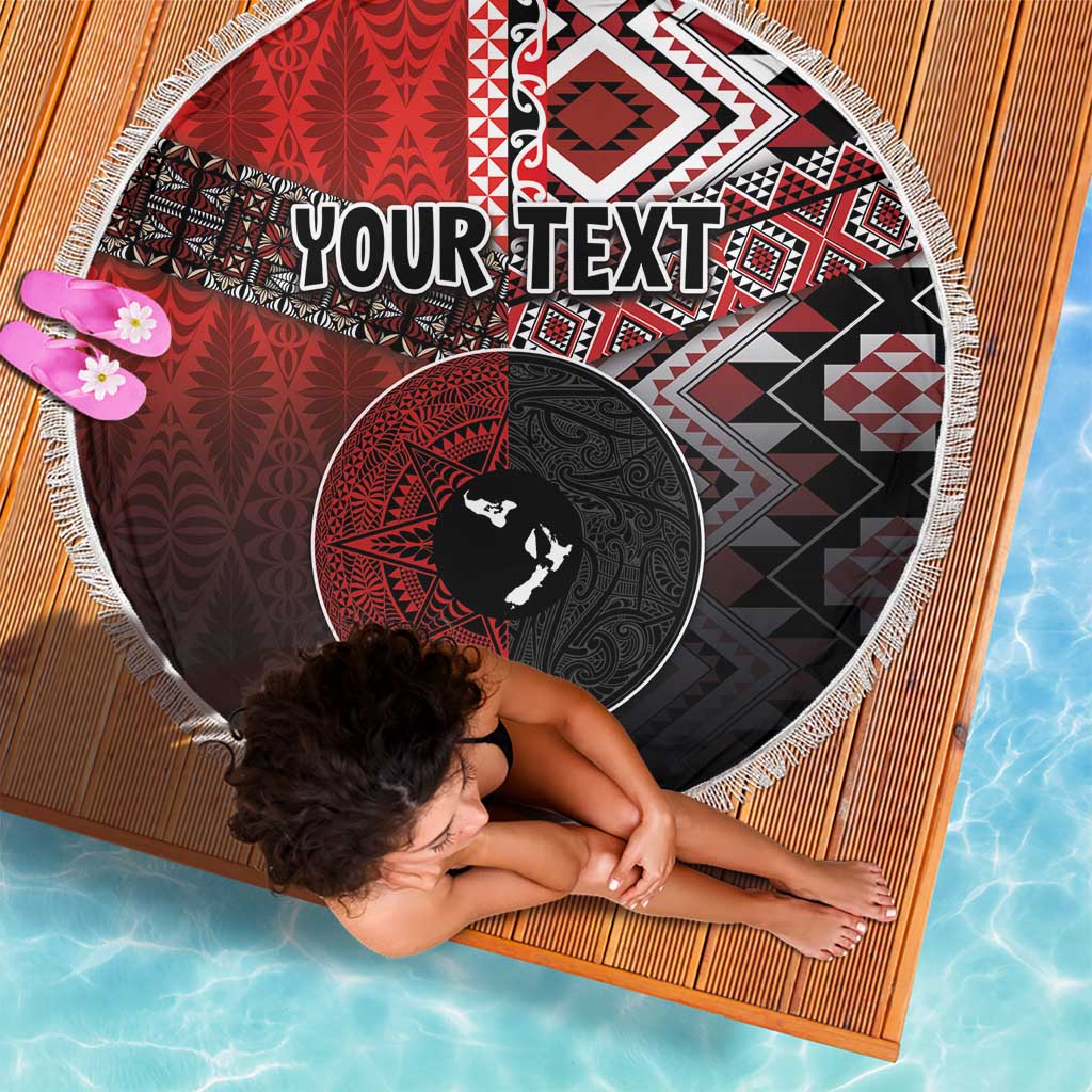 Personalised Aotearoa and Tonga Together Beach Blanket Manaia and Tongan Tribal Cross - Taniko and Ngatu Art Tattoo