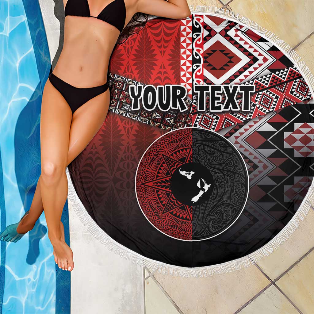 Personalised Aotearoa and Tonga Together Beach Blanket Manaia and Tongan Tribal Cross - Taniko and Ngatu Art Tattoo