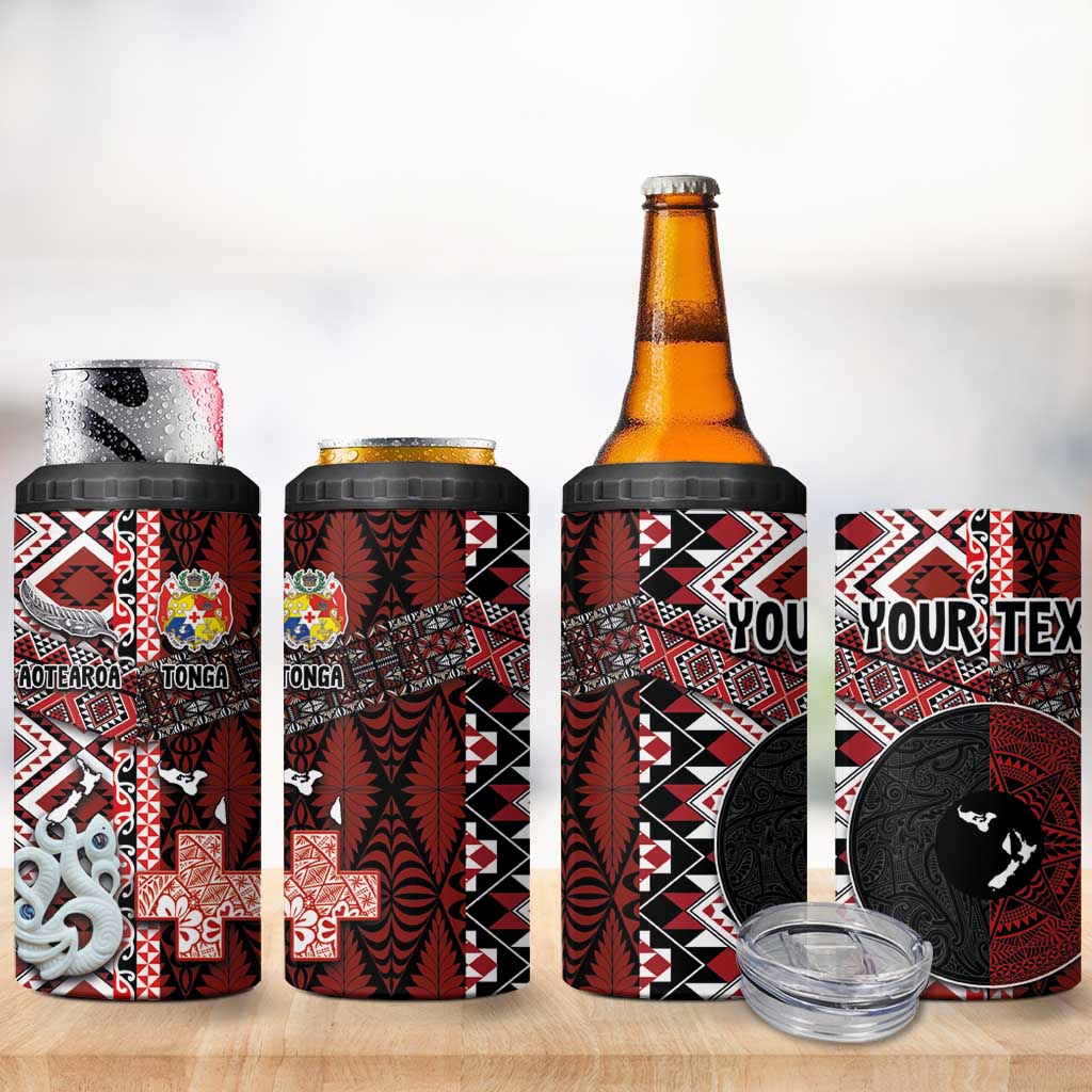 Personalised Aotearoa and Tonga Together 4 in 1 Can Cooler Tumbler Manaia and Tongan Tribal Cross - Taniko and Ngatu Art Tattoo