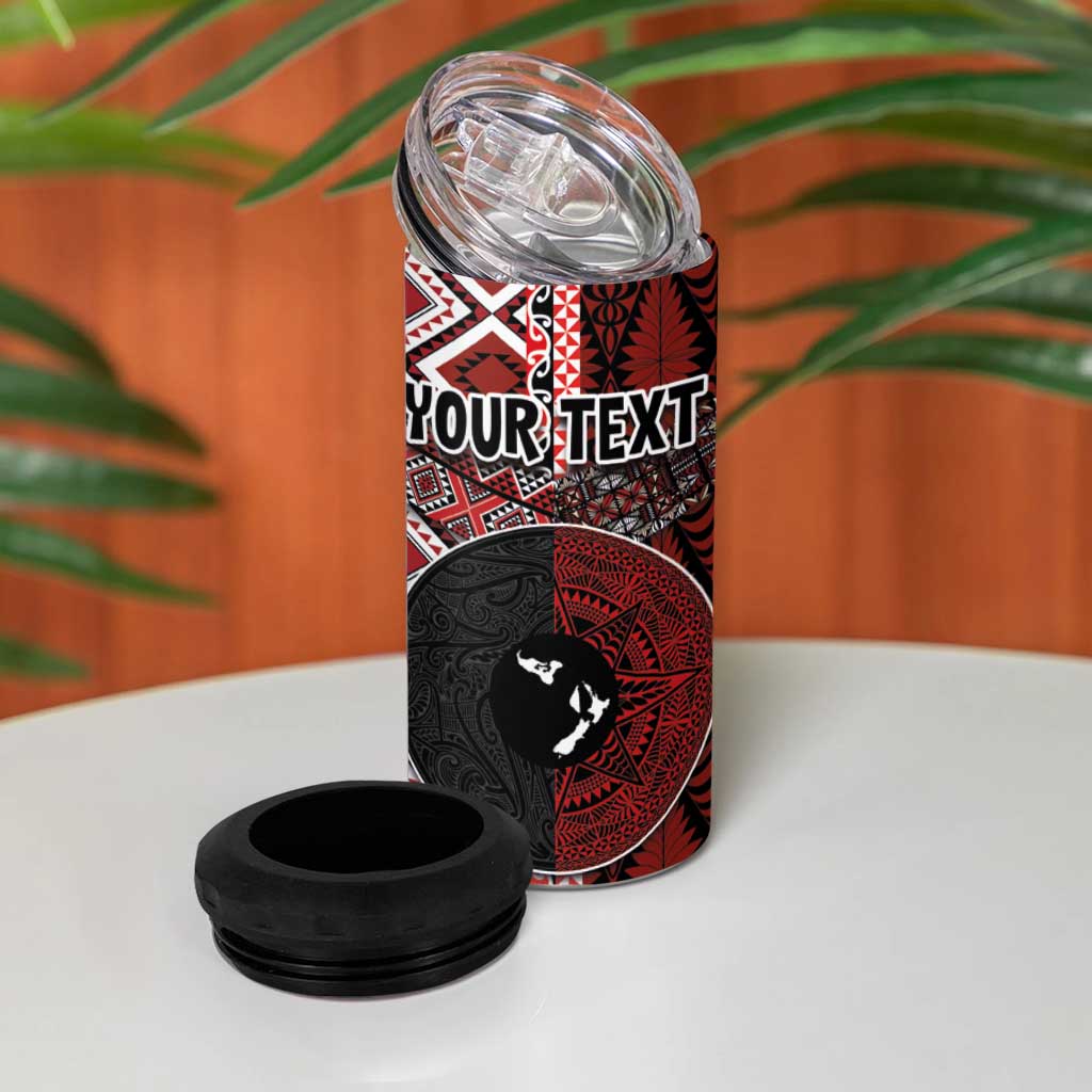 Personalised Aotearoa and Tonga Together 4 in 1 Can Cooler Tumbler Manaia and Tongan Tribal Cross - Taniko and Ngatu Art Tattoo