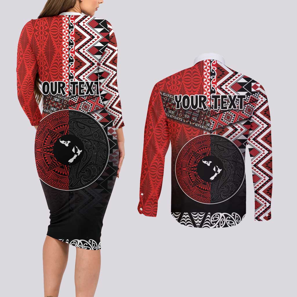 Personalised Aotearoa and Tonga Together Couples Matching Long Sleeve Bodycon Dress and Long Sleeve Button Shirt Manaia and Tongan Tribal Cross - Taniko and Ngatu Art Tattoo