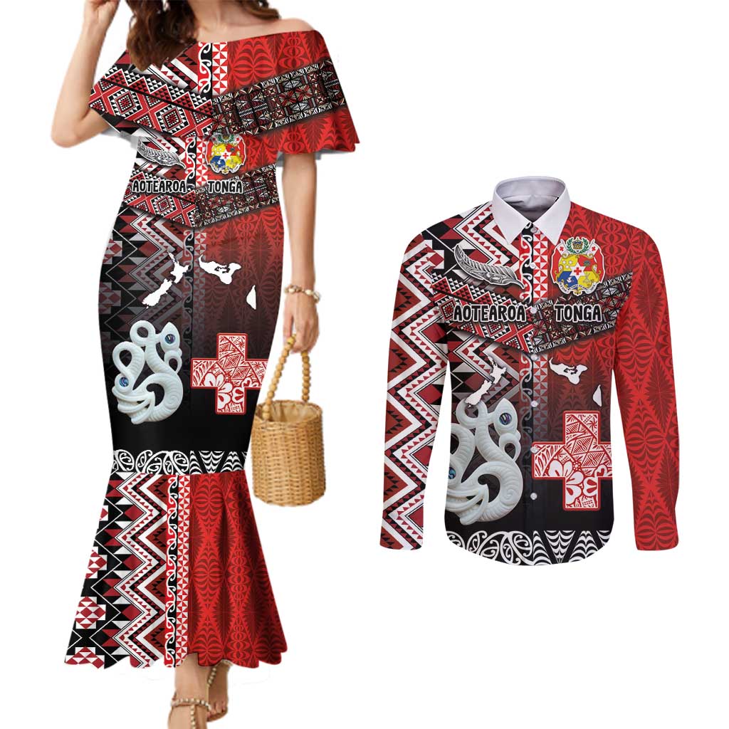 Personalised Aotearoa and Tonga Together Couples Matching Mermaid Dress and Long Sleeve Button Shirt Manaia and Tongan Tribal Cross - Taniko and Ngatu Art Tattoo