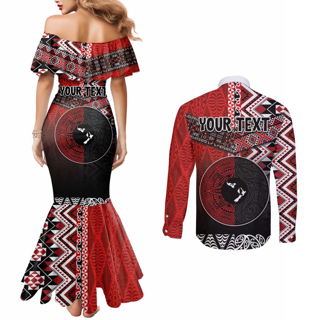 Personalised Aotearoa and Tonga Together Couples Matching Mermaid Dress and Long Sleeve Button Shirt Manaia and Tongan Tribal Cross - Taniko and Ngatu Art Tattoo