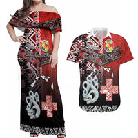 Personalised Aotearoa and Tonga Together Couples Matching Off Shoulder Maxi Dress and Hawaiian Shirt Manaia and Tongan Tribal Cross - Taniko and Ngatu Art Tattoo LT03 Red - Polynesian Pride