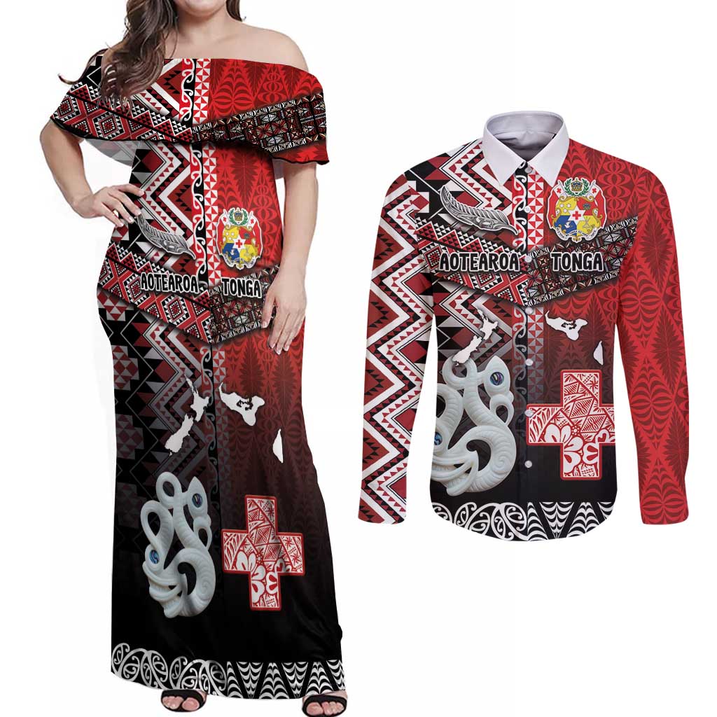 Personalised Aotearoa and Tonga Together Couples Matching Off Shoulder Maxi Dress and Long Sleeve Button Shirt Manaia and Tongan Tribal Cross - Taniko and Ngatu Art Tattoo LT03 Red - Polynesian Pride