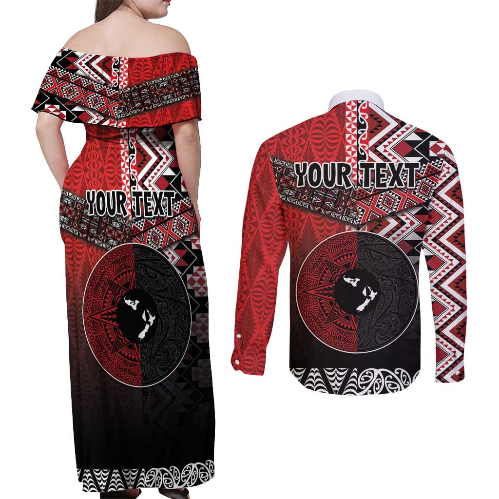 Personalised Aotearoa and Tonga Together Couples Matching Off Shoulder Maxi Dress and Long Sleeve Button Shirt Manaia and Tongan Tribal Cross - Taniko and Ngatu Art Tattoo LT03 - Polynesian Pride