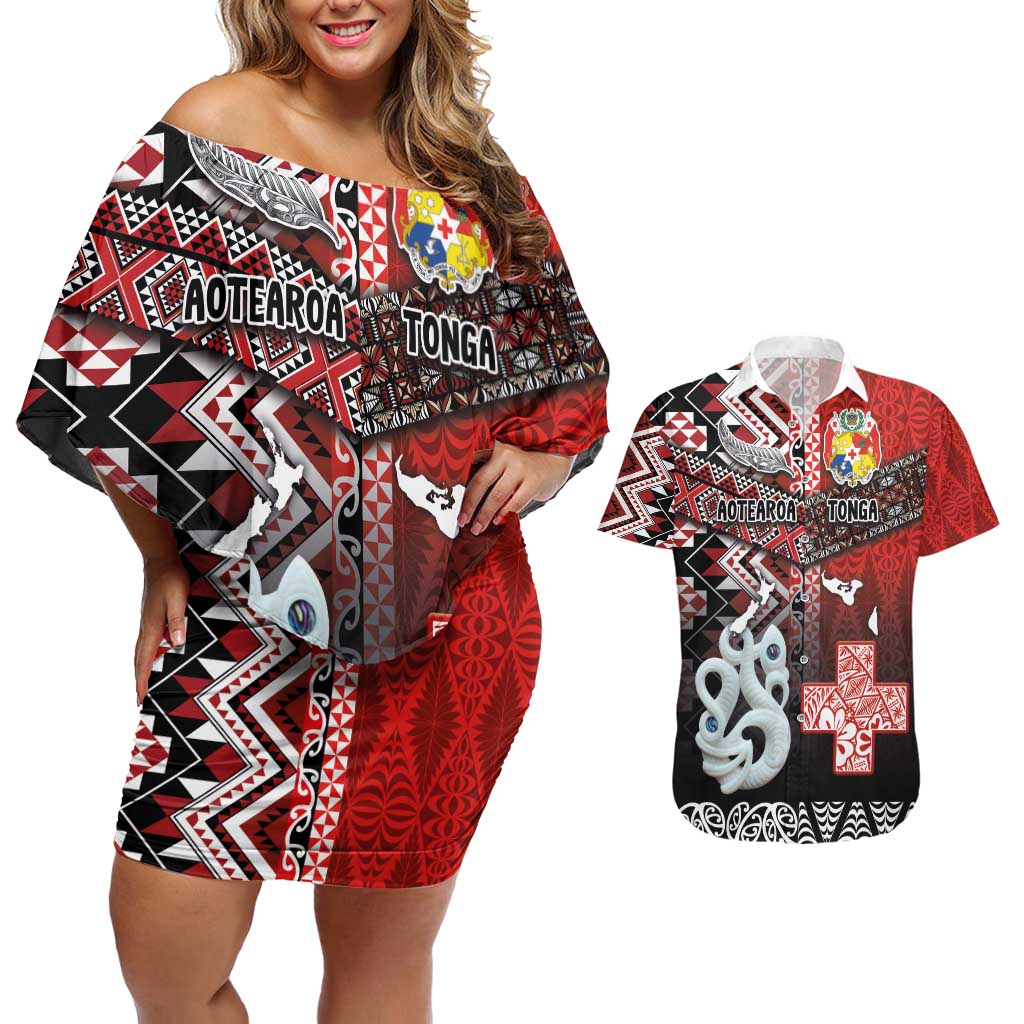 Personalised Aotearoa and Tonga Together Couples Matching Off Shoulder Short Dress and Hawaiian Shirt Manaia and Tongan Tribal Cross - Taniko and Ngatu Art Tattoo LT03 Red - Polynesian Pride