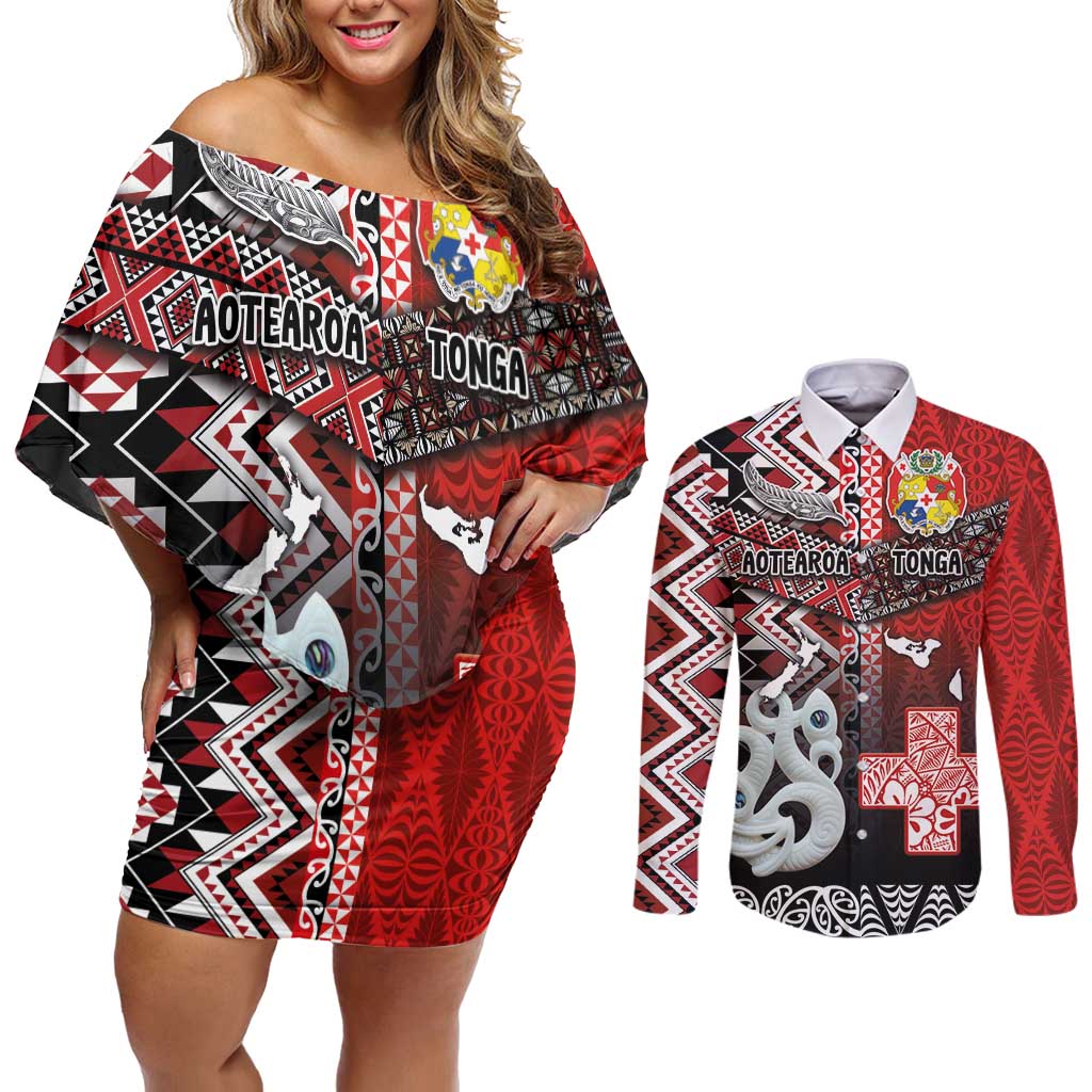 Personalised Aotearoa and Tonga Together Couples Matching Off Shoulder Short Dress and Long Sleeve Button Shirt Manaia and Tongan Tribal Cross - Taniko and Ngatu Art Tattoo LT03 Red - Polynesian Pride