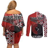 Personalised Aotearoa and Tonga Together Couples Matching Off Shoulder Short Dress and Long Sleeve Button Shirt Manaia and Tongan Tribal Cross - Taniko and Ngatu Art Tattoo LT03 - Polynesian Pride