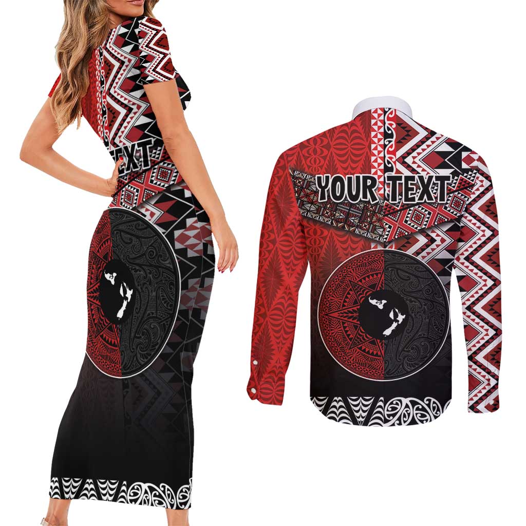 Personalised Aotearoa and Tonga Together Couples Matching Short Sleeve Bodycon Dress and Long Sleeve Button Shirt Manaia and Tongan Tribal Cross - Taniko and Ngatu Art Tattoo