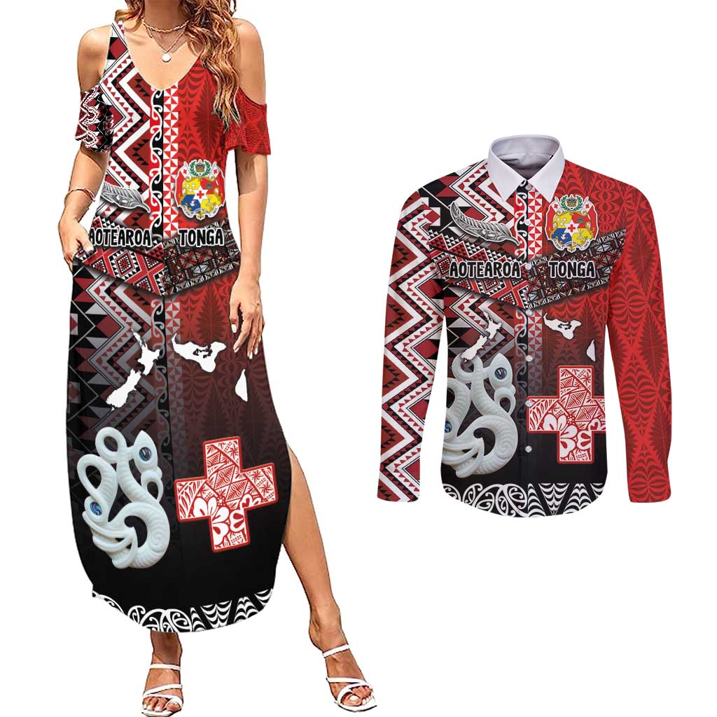 Personalised Aotearoa and Tonga Together Couples Matching Summer Maxi Dress and Long Sleeve Button Shirt Manaia and Tongan Tribal Cross - Taniko and Ngatu Art Tattoo