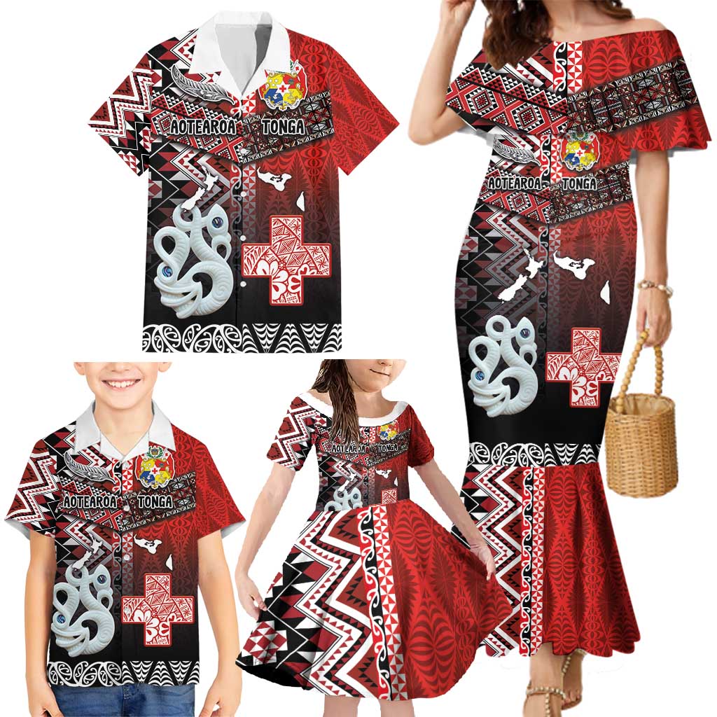 Personalised Aotearoa and Tonga Together Family Matching Mermaid Dress and Hawaiian Shirt Manaia and Tongan Tribal Cross - Taniko and Ngatu Art Tattoo