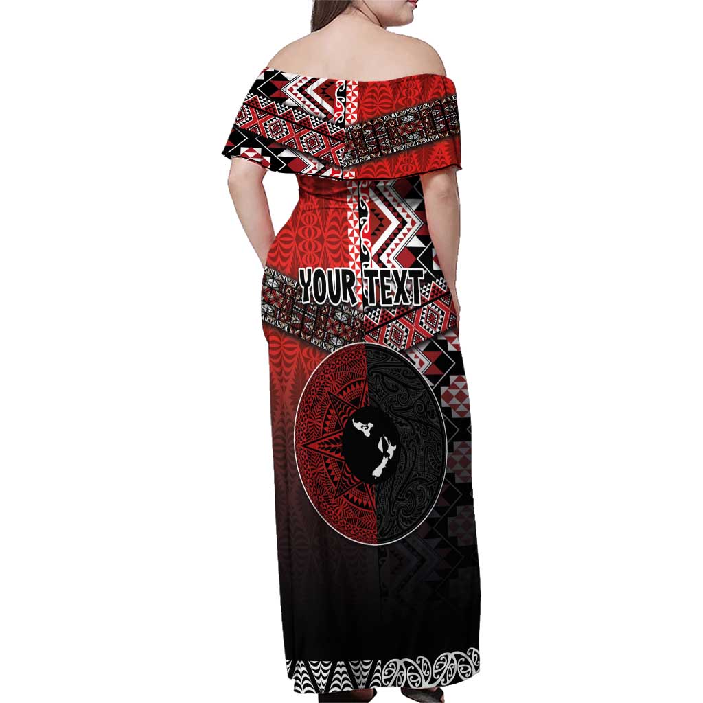 Personalised Aotearoa and Tonga Together Family Matching Off Shoulder Maxi Dress and Hawaiian Shirt Manaia and Tongan Tribal Cross - Taniko and Ngatu Art Tattoo LT03 - Polynesian Pride