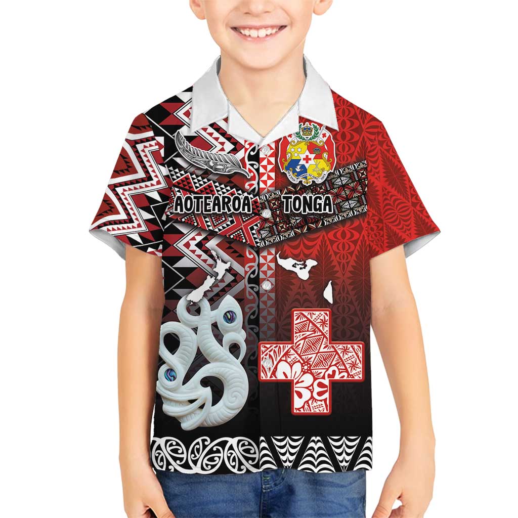 Personalised Aotearoa and Tonga Together Family Matching Off Shoulder Maxi Dress and Hawaiian Shirt Manaia and Tongan Tribal Cross - Taniko and Ngatu Art Tattoo LT03 Son's Shirt Red - Polynesian Pride
