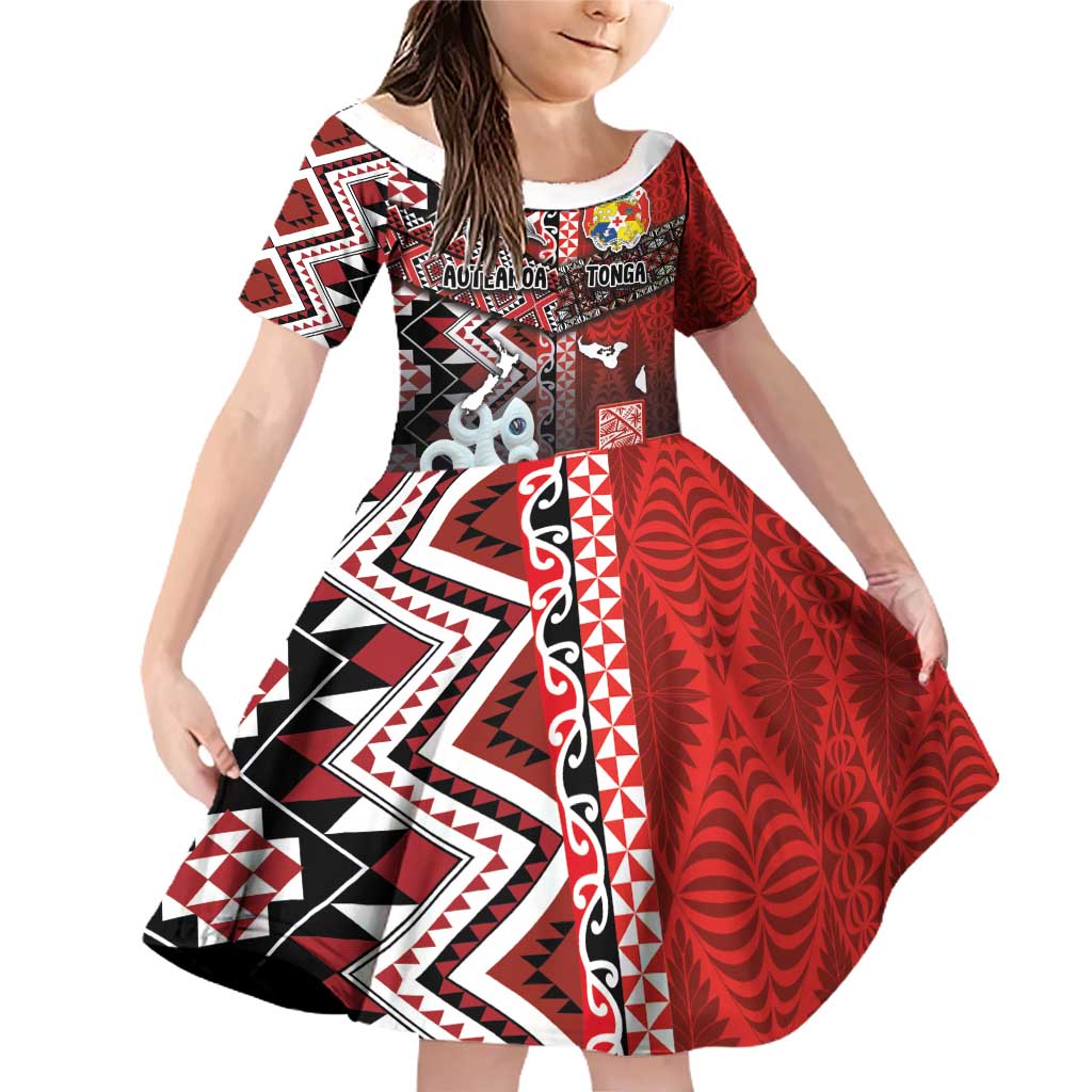 Personalised Aotearoa and Tonga Together Family Matching Off Shoulder Short Dress and Hawaiian Shirt Manaia and Tongan Tribal Cross - Taniko and Ngatu Art Tattoo LT03 Daughter's Dress Red - Polynesian Pride