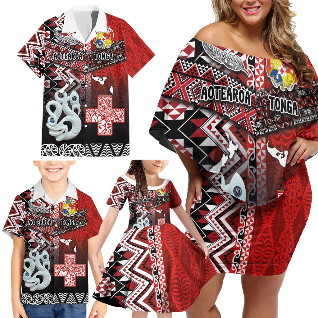 Personalised Aotearoa and Tonga Together Family Matching Off Shoulder Short Dress and Hawaiian Shirt Manaia and Tongan Tribal Cross - Taniko and Ngatu Art Tattoo LT03 - Polynesian Pride