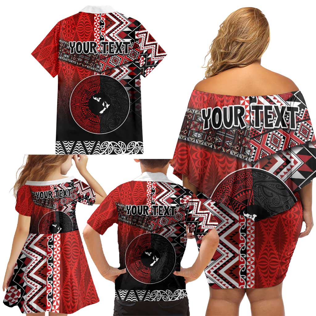 Personalised Aotearoa and Tonga Together Family Matching Off Shoulder Short Dress and Hawaiian Shirt Manaia and Tongan Tribal Cross - Taniko and Ngatu Art Tattoo LT03 - Polynesian Pride