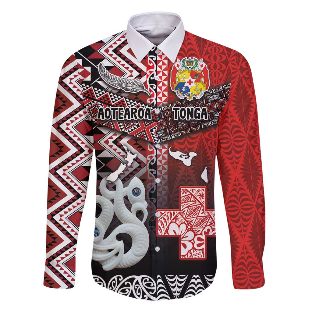 Personalised Aotearoa and Tonga Together Family Matching Off Shoulder Short Dress and Hawaiian Shirt Manaia and Tongan Tribal Cross - Taniko and Ngatu Art Tattoo LT03 Dad's Shirt - Long Sleeve Red - Polynesian Pride