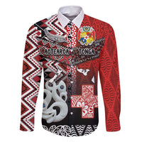 Personalised Aotearoa and Tonga Together Family Matching Off Shoulder Short Dress and Hawaiian Shirt Manaia and Tongan Tribal Cross - Taniko and Ngatu Art Tattoo LT03 Dad's Shirt - Long Sleeve Red - Polynesian Pride