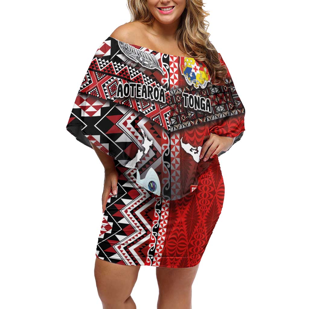 Personalised Aotearoa and Tonga Together Family Matching Off Shoulder Short Dress and Hawaiian Shirt Manaia and Tongan Tribal Cross - Taniko and Ngatu Art Tattoo LT03 Mom's Dress Red - Polynesian Pride