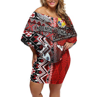 Personalised Aotearoa and Tonga Together Family Matching Off Shoulder Short Dress and Hawaiian Shirt Manaia and Tongan Tribal Cross - Taniko and Ngatu Art Tattoo LT03 Mom's Dress Red - Polynesian Pride