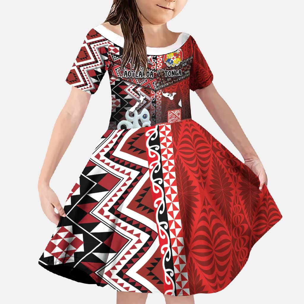 Personalised Aotearoa and Tonga Together Family Matching Short Sleeve Bodycon Dress and Hawaiian Shirt Manaia and Tongan Tribal Cross - Taniko and Ngatu Art Tattoo LT03 Daughter's Dress Red - Polynesian Pride