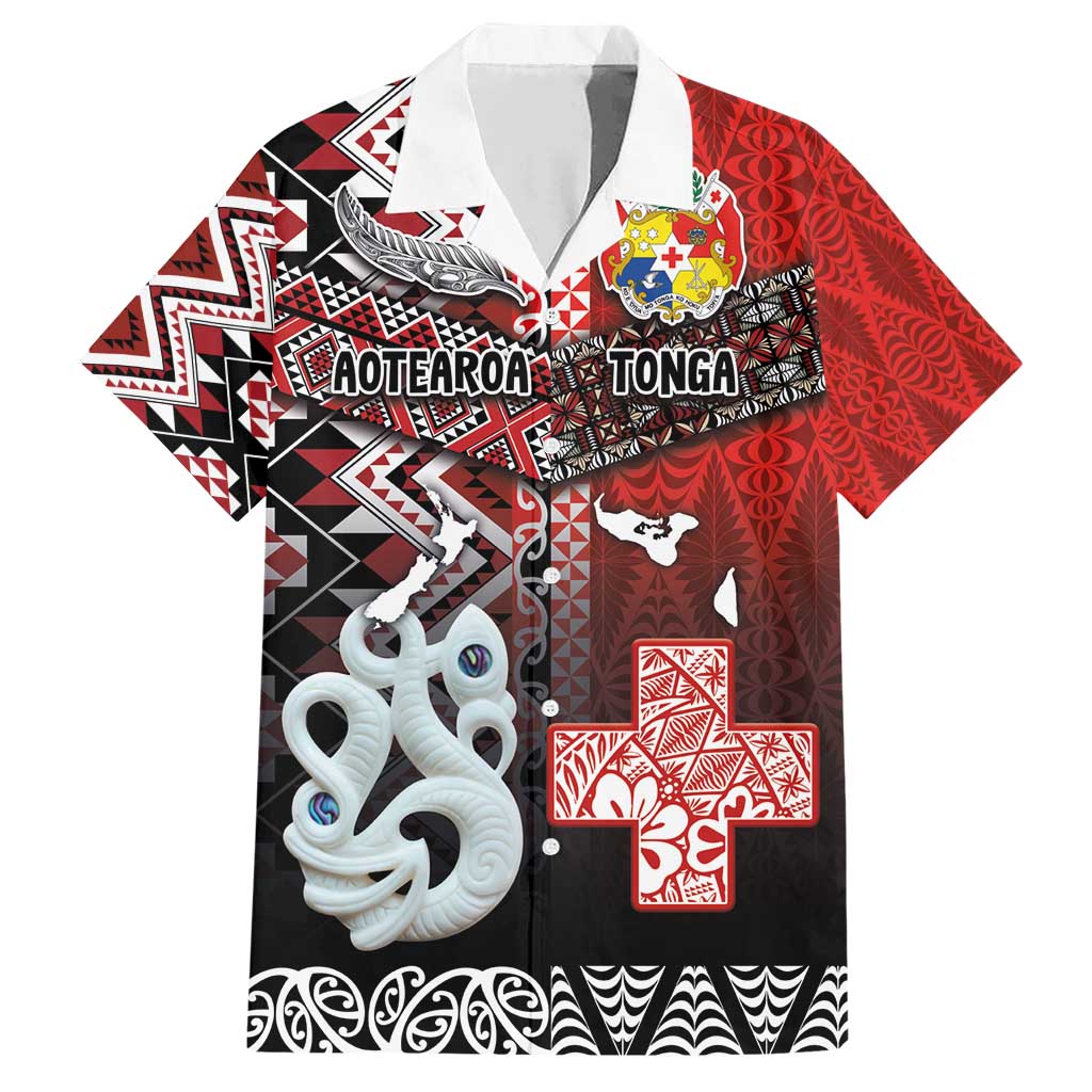 Personalised Aotearoa and Tonga Together Family Matching Short Sleeve Bodycon Dress and Hawaiian Shirt Manaia and Tongan Tribal Cross - Taniko and Ngatu Art Tattoo LT03 Dad's Shirt - Short Sleeve Red - Polynesian Pride