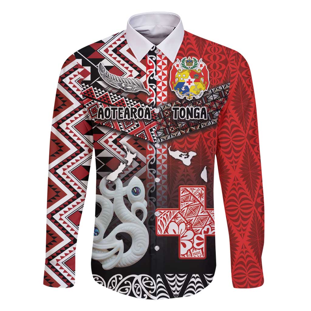 Personalised Aotearoa and Tonga Together Family Matching Short Sleeve Bodycon Dress and Hawaiian Shirt Manaia and Tongan Tribal Cross - Taniko and Ngatu Art Tattoo LT03 Dad's Shirt - Long Sleeve Red - Polynesian Pride