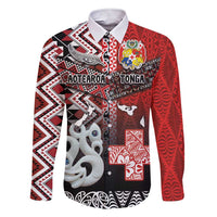 Personalised Aotearoa and Tonga Together Family Matching Short Sleeve Bodycon Dress and Hawaiian Shirt Manaia and Tongan Tribal Cross - Taniko and Ngatu Art Tattoo LT03 Dad's Shirt - Long Sleeve Red - Polynesian Pride