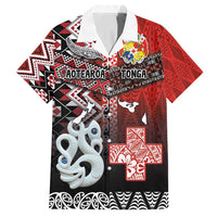 Personalised Aotearoa and Tonga Together Family Matching Tank Maxi Dress and Hawaiian Shirt Manaia and Tongan Tribal Cross - Taniko and Ngatu Art Tattoo LT03 Dad's Shirt - Short Sleeve Red - Polynesian Pride